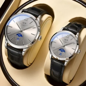 Automatic Watch Moon Phase Date Display Silver Dial Black Leather Strap Stainless Steel Case