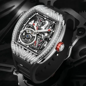 Automatic Watch Rectangular Case Horse Skeleton Dial Luminous Sapphire Crystal Diamond Bezel Black Rubber Strap