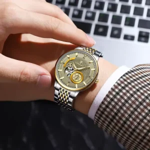 Automatic Watch Stainless Steel Water Resistant Hollow Face Sapphire Crystal Case Push Button Clasp Mens Fashion
