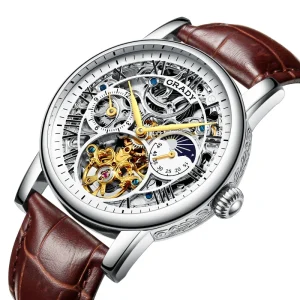 Chronograph Watch Men Skeleton Luxury Business Style Leather Strap Custom Logo Factory Automatic Mechanical Wristwatch