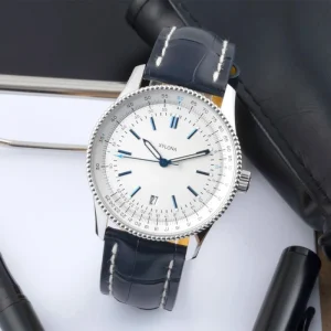 Automatic Winding Movement Men’s Watch with Leather Strap Date Display with Bidirectional Rotating Stainless Steel Bezel