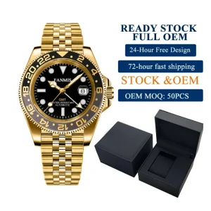 Automatic Wrist Watch for Men Gold Waterproof Mechanical GMT Watch Custom Logo OEM Supplier