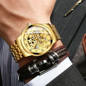 B6020 Stainless Steel Men’s Watch Hollow Out Luxury Waterproof Mechanical Wristwatch for Men