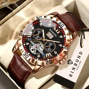 BINBOND 2026 Automatic Hollow Mechanical Luxury Watch Men’s Waterproof Leather Strap Pointer Dial 30m Watches for Men Watch