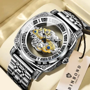 BINBOND Genuine Retro Carved Quartz Luxury Watch Luminous Pointer Dial Metal Case Men’s Fashion Sports Wrist Watch