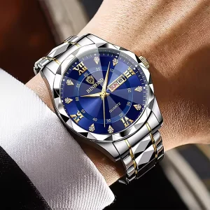 BINBOND Men’s Business Watch Waterproof Luminous Dual Calendar Quartz Round Case Coated Glass