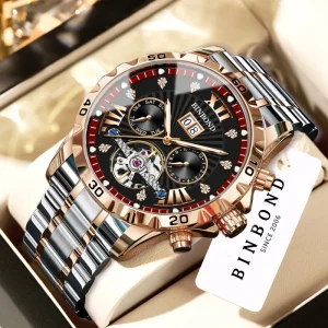 BINBOND Sense Automatic Hollow Mechanical Luxury Watch Men’s Waterproof Stainless Steel Band Pointer Dial 50m Watch