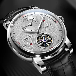 BORMAN Men’s Skeleton Automatic Watch Stainless Steel Case 5BAR Water Resistant Sapphire Crystal Leather Charm High Quality