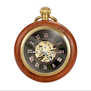 BOSHIYA Antique Design Wooden Case Open Face Mechanical Pocket Watch with Roman Numeral Dial and Brass Alloy Strap