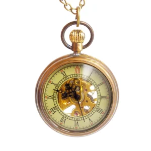 BOSHIYA Antique Pure Brass Open Face Mechanical Pocket Watch with 24 Hours Display and Mini Second