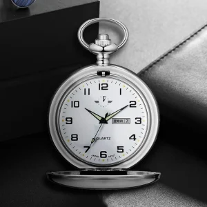 BOSHIYA Modern Antique Silver Polish Quartz Men’s Pocket Watch Pendant Chain Gift
