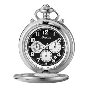 BOSHIYA Modern Men’s Quartz Pocket Watch Three-Eye Six-Pin Chronometer Moonphase Smooth Case Gold Black Calendar Dial Display