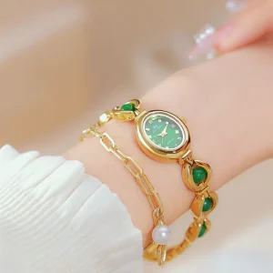 BS Women’s Watch Green Crystal Exquisite Small Dial Gold Chain Quartz Watches Waterproof and Elegant Clock Jewelry Reloj