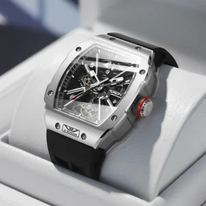 Barrel Shape Men’s Sport 5ATM Waterproof Wristwatch Stainless Steel Vintage Skeleton Automatic Mechanical Watch