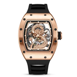 Barrel-shaped Men Automatic Watch Reloj Esqueleto Luxury Silicone Strap Rose Gold Skeleton Mechanical Watches