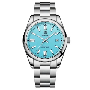 Benyar 5185 Men Automatic Mechanical Watch Skeleton Dial Stainless Steel Strap Waterproof Luminous Hands Calendar Wristwatch