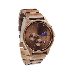 Best Gift Full Natural Walnut Wood Band Quartz Glass Moon Phase Calendar Unisex Fashion Chronograph Limited Edition Wristwatch