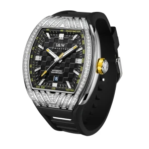 Best I&W Bold Automatic Mens Watch Black Dial Tachymeter Diamond Bezel Gold Crown Date Black Mechanical Watch