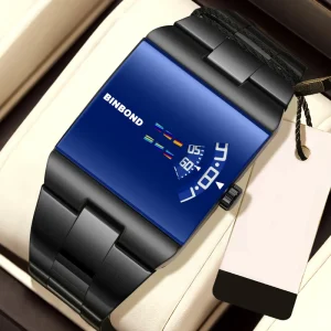 Binbond B676 676 Men Quartz Movement Watch Rectangle Colorful Glass Mirror Stainless Steel Strap Business Watch