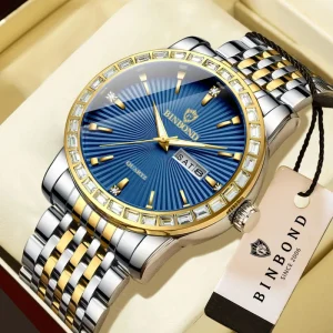 Binbond B9757 Men’s Quartz Movement Watch, Stainless Steel, Diamond, Waterproof, Luminous, Complete Calendar Wristwatch