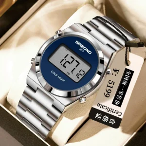Binbond D107 Men Digital Watch Stainless Steel Band Waterproof LED Wristwatch with Alarm Chronograph Backlight Casual Watch