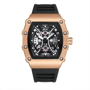 Black Alloy Men’s Skeleton Dial Quartz Watch Chinese Movement Custom Logo