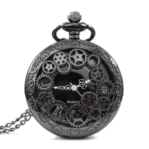 Black Antique Gear Quartz Pocket Watch Pendant Necklace with Alloy Strap Gift for Men Women