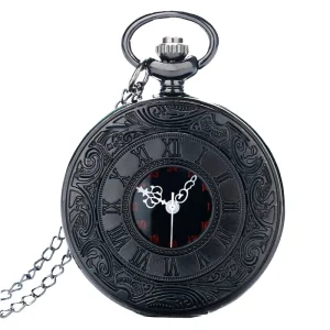 Black Antique Pocket Watch Flip Top Roman Numeral Necklace Quartz Watch