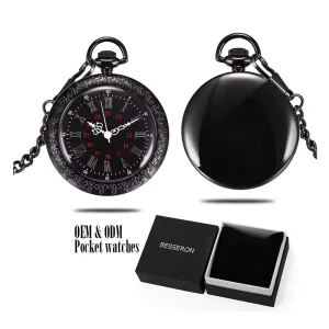 Black Antique Pocket Watch Japan Movement Quartz 3BAR Water Resistance Alloy Strap OEM Custom Supplier