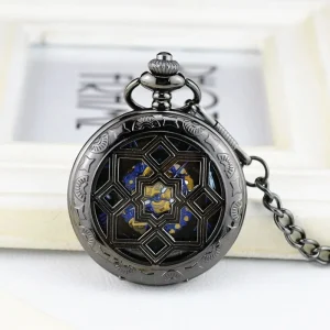 Black Antique Vintage Skeleton Mechanical Pocket Watch Men Manual Winding Movement Roman Numerals Dial Hollow Alloy Case Zinc