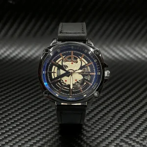 Black Case Hollow Skeleton Men’s Watch Big Face Genuine Leather Strap Waterproof Fashion Sports Quartz Wrist Watch