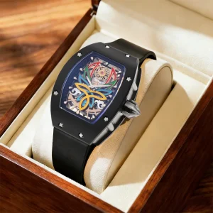 Black Ceramic Skeleton Watch Japan Mechanical Movement Watch Sapphire Crystal FKM Rubber Strap 3ATM Waterproof Watch