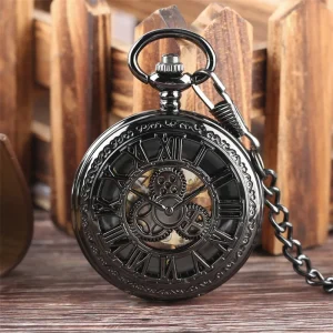 Black Gear Wheel Hollow Roman Numerals Hunter Mechanical Pocket Watch Hand Winding
