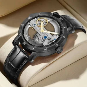 Black Gold Luxury Men’s Mechanical Wristwatch Waterproof Stainless Steel Leather Strap Dress Hollow Out Automatic Watches