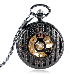 Black Half Hunter Steampunk Skeleton Mechanical Pocket Watch Hollow Vintage Men Clock with Fob Chain