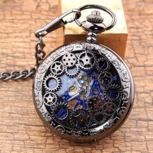Black Hollow Manual Gear Watches Key Chain Retro Roman Mechanical Pocket Watch