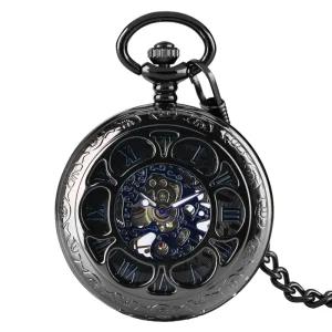 Black Hunter Case Mechanical Pocket Watch with Chain Vintage Style Collectible Timepiece Anniversary Gift for Husband