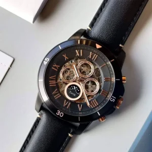 Black Leather Automatic Fashion Men’s Analog Watch Month Week Date Display Chronograph Stainless Steel Case 50m Water Resistance