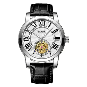 Black Leather Automatic Mechanical Watch with Genuine Leather Strap Silver Dial Men’s Watch
