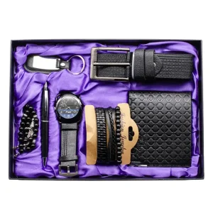 Black Luxury 7 Pieces Men’s Gift Set Watch Wallet Belt Bracelet Key Chain Ballpoint Pen Rosary Box for Business Present Gifts