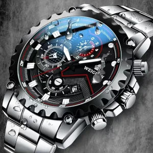 Black Men’s Stainless Steel Waterproof Chronograph Quartz Watch Automatic Date and Time Indication