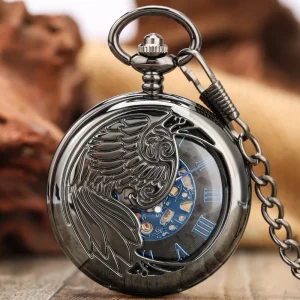 Black Peacock Hollow Skeleton Mechanical Pocket Watch Half Hunter Steampunk Fob Watch with Chain Blue Roman Numerals for Gift