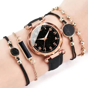 Black Polyurethane Strap Fashionable Round Dial Quartz Watch & 4pcs Bracelet