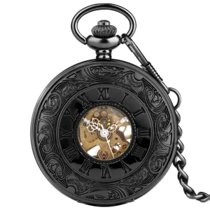 Black Skeleton Pocket Watch with Fob Chain Half Hunter Steampunk Roman Numerals Vintage Locket Watch Mechanical for Men Gift