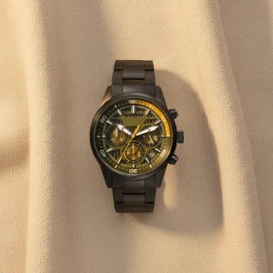 Black Tone Chronograph Watch with Olive Green Dial Yellow Accents and All Black Metal Link Band