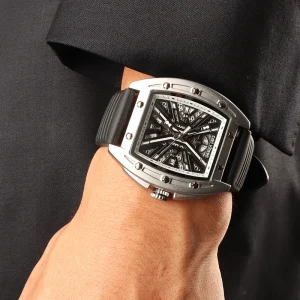 Black Tonneau Case Crystal Dial Analog Skeleton Automatic Mechanical Chronograph Watch for Men