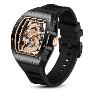 Black Tonneau Skeleton Mechanical Watch Orologio Cool Dragon Embedded Self-winding Waterproof Men’s Wristwatch