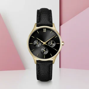 Black Women’s Business Simple Antique Watch Yellow Gold Case Glass Sunray Black Leather Strap Vintage Quartz Movement