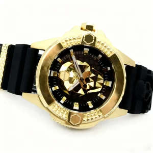 Black and Gold Men’s Perforated Skull Dial Silicone Casual Sports Mechanical Watch
