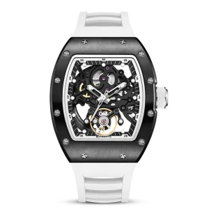 Black and White Mechanical Watch Men Tonneau Shape Skeleton Tourbillon Automatic Watches